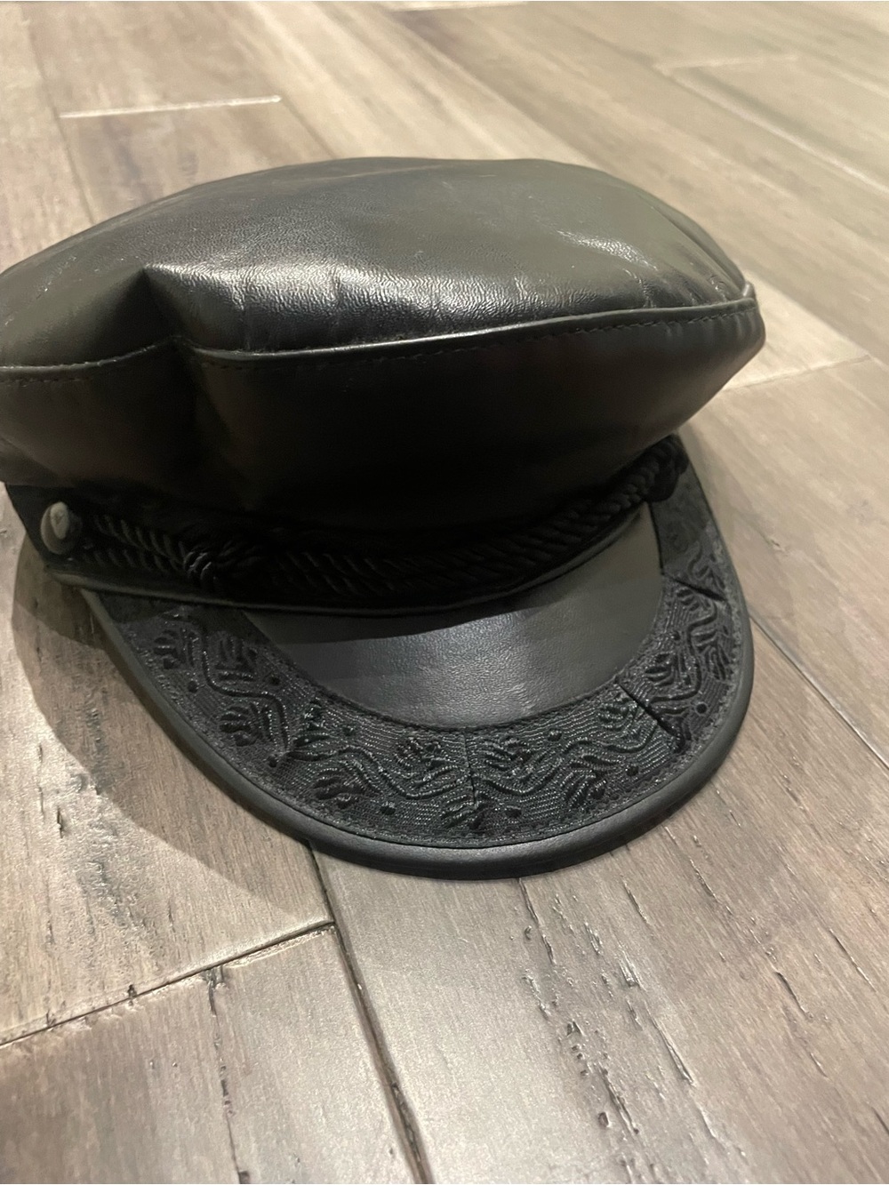 Vintage Black Genuine Leather Greek Fisherman Captain Hat Small USA 7.5”